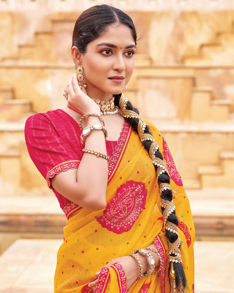 Vishal Prints Dark Yellow And Raspberry Pink Fancy Chiffon Traditional Print Saree With Foil Print And Cut Work Border