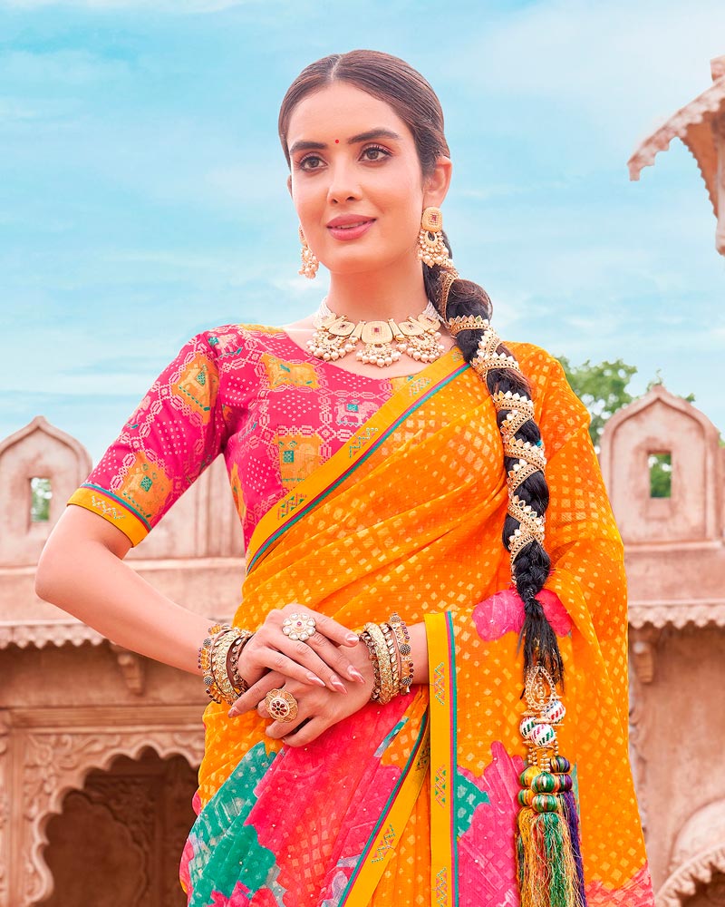 Vishal Prints Dusty Orange And Mandy Pink Fancy Chiffon Traditional Print Saree With Foil Print And Fancy Border