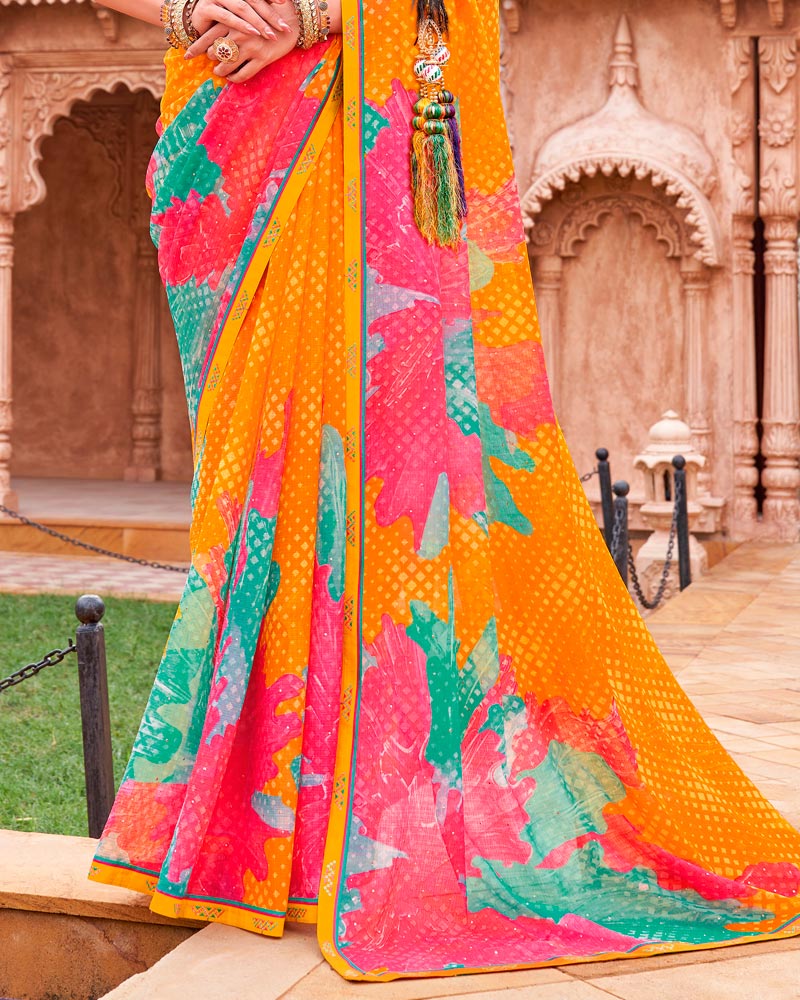 Vishal Prints Dusty Orange And Mandy Pink Fancy Chiffon Traditional Print Saree With Foil Print And Fancy Border