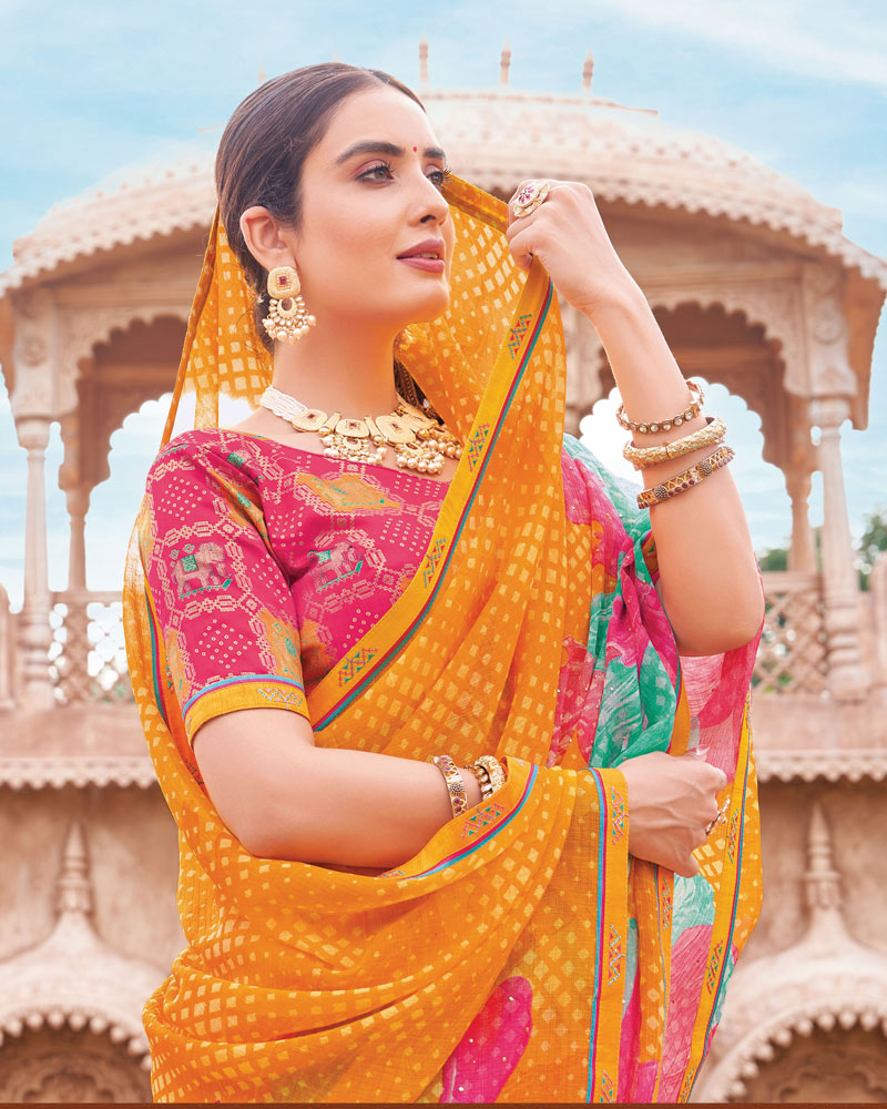 Vishal Prints Dusty Orange And Mandy Pink Fancy Chiffon Traditional Print Saree With Foil Print And Fancy Border