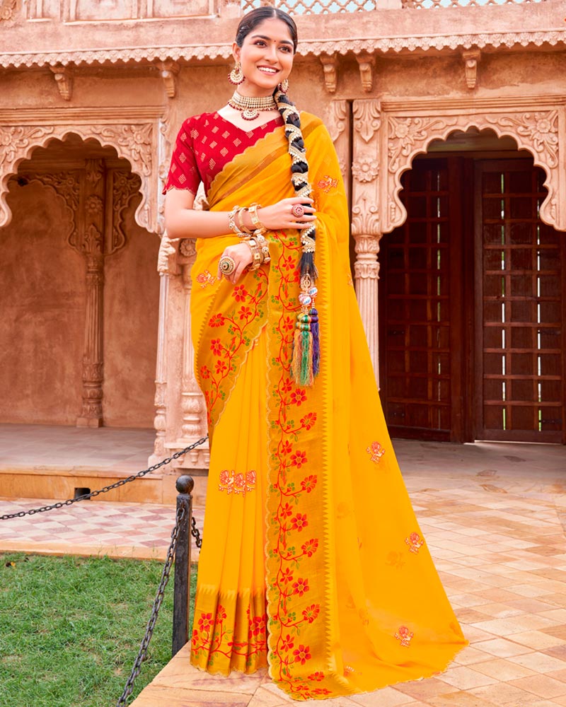 Vishal Prints Golden Yellow And Venetian Red Fancy Chiffon Traditional Print Saree With Foil Print And Weaved Viscose Cut Work Border