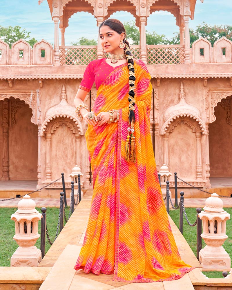 Vishal Prints Carrot Orange And Rose Pink Fancy Chiffon Traditional Print Saree With Foil Print And Cut Work Border