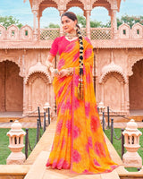 Vishal Prints Carrot Orange And Rose Pink Fancy Chiffon Traditional Print Saree With Foil Print And Cut Work Border