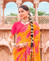 Vishal Prints Carrot Orange And Rose Pink Fancy Chiffon Traditional Print Saree With Foil Print And Cut Work Border