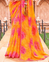 Vishal Prints Carrot Orange And Rose Pink Fancy Chiffon Traditional Print Saree With Foil Print And Cut Work Border