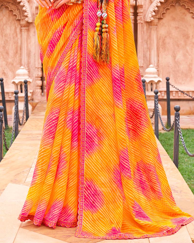 Vishal Prints Carrot Orange And Rose Pink Fancy Chiffon Traditional Print Saree With Foil Print And Cut Work Border