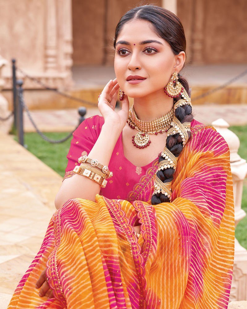 Vishal Prints Carrot Orange And Rose Pink Fancy Chiffon Traditional Print Saree With Foil Print And Cut Work Border