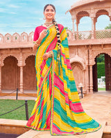 Vishal Prints Dark Yellow And Amaranth Pink Fancy Chiffon Traditional Print Saree With Foil Print And Fancy Border