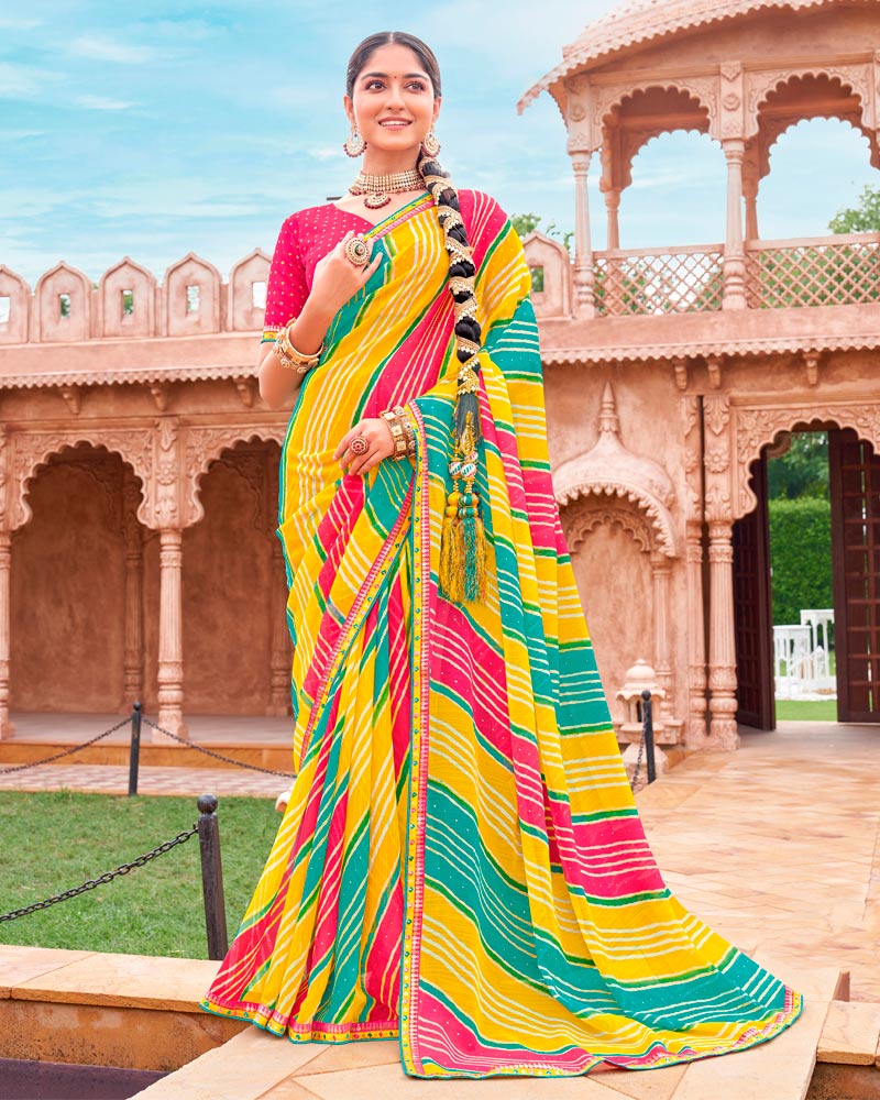 Vishal Prints Dark Yellow And Amaranth Pink Fancy Chiffon Traditional Print Saree With Foil Print And Fancy Border