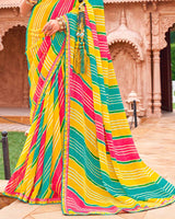 Vishal Prints Dark Yellow And Amaranth Pink Fancy Chiffon Traditional Print Saree With Foil Print And Fancy Border