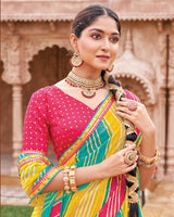 Vishal Prints Dark Yellow And Amaranth Pink Fancy Chiffon Traditional Print Saree With Foil Print And Fancy Border