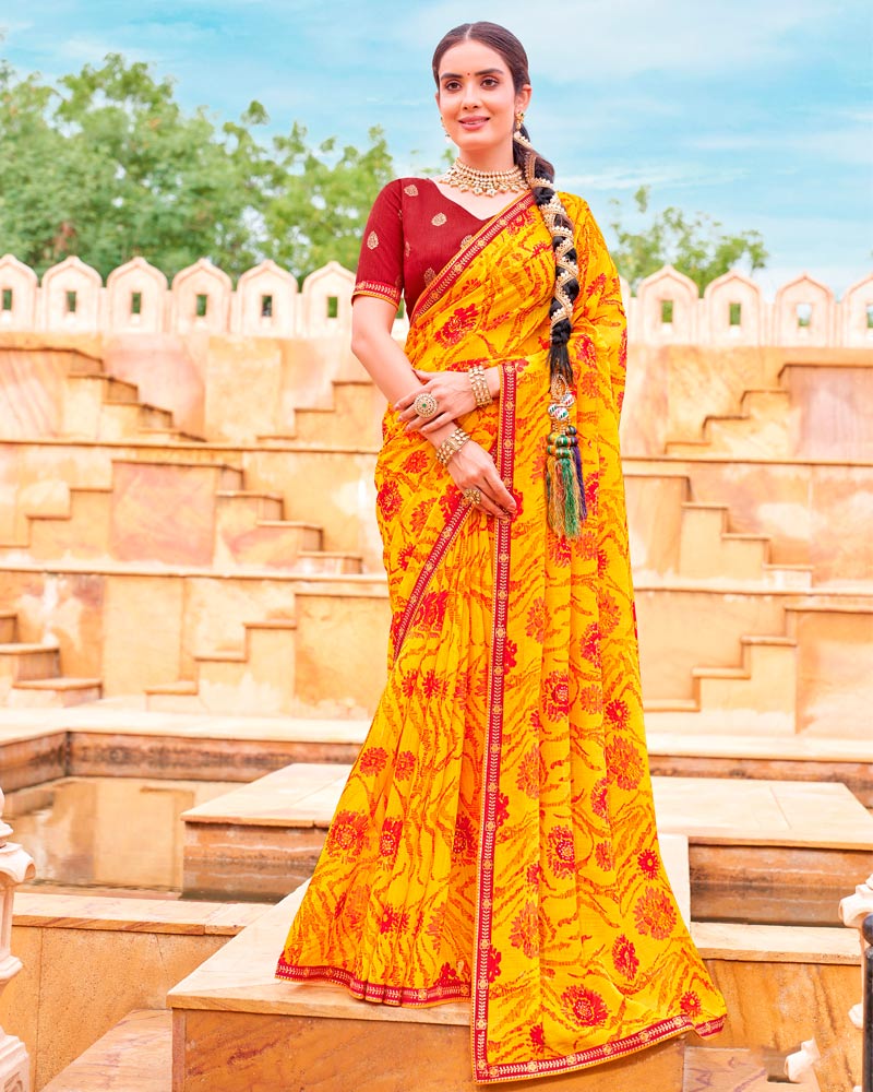 Vishal Prints Dark Yellow And Lava Red Fancy Chiffon Traditional Print Saree With Foil Print And Fancy Border