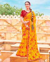 Vishal Prints Dark Yellow And Lava Red Fancy Chiffon Traditional Print Saree With Foil Print And Fancy Border
