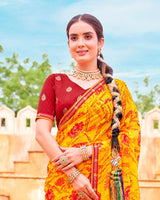 Vishal Prints Dark Yellow And Lava Red Fancy Chiffon Traditional Print Saree With Foil Print And Fancy Border