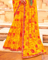 Vishal Prints Dark Yellow And Lava Red Fancy Chiffon Traditional Print Saree With Foil Print And Fancy Border