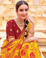Vishal Prints Dark Yellow And Lava Red Fancy Chiffon Traditional Print Saree With Foil Print And Fancy Border