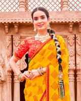 Vishal Prints Golden Yellow And Chili Red Fancy Chiffon Traditional Print Saree With Foil Print And Fancy Border