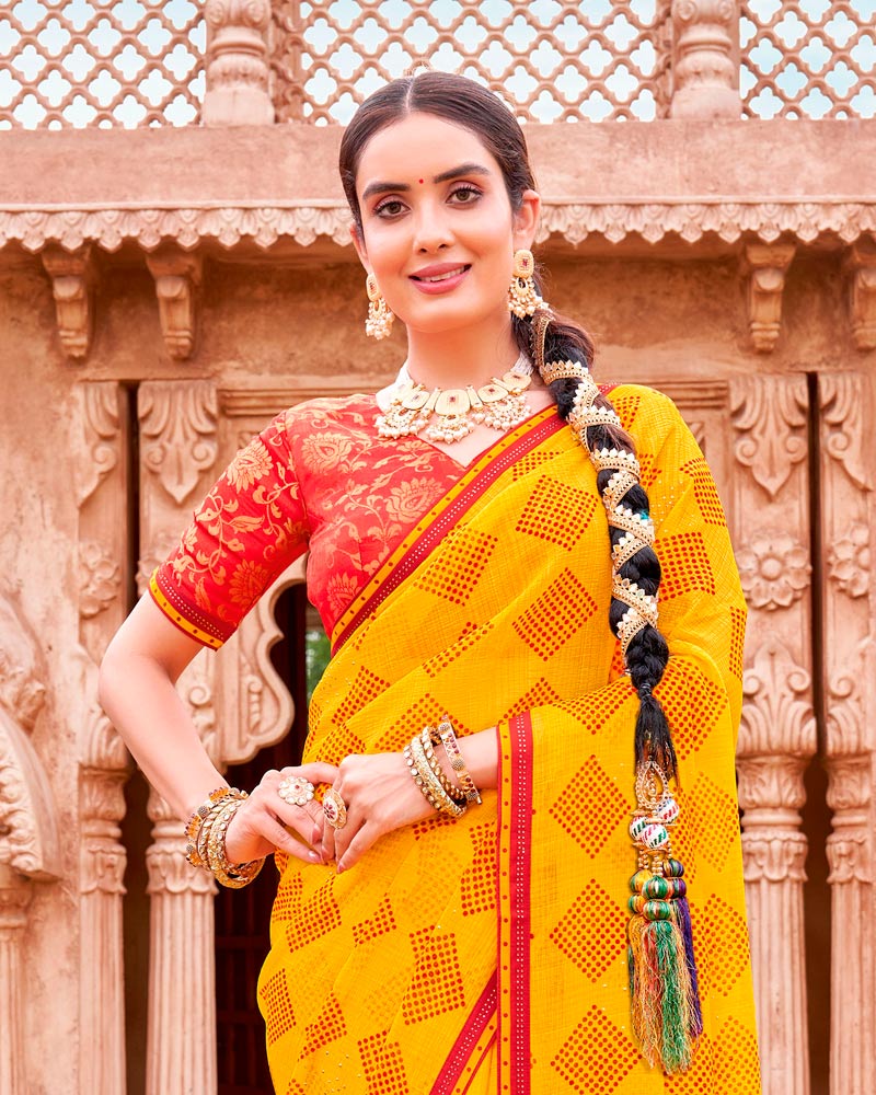 Vishal Prints Golden Yellow And Chili Red Fancy Chiffon Traditional Print Saree With Foil Print And Fancy Border