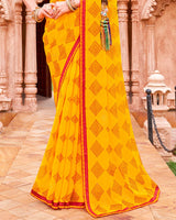 Vishal Prints Golden Yellow And Chili Red Fancy Chiffon Traditional Print Saree With Foil Print And Fancy Border