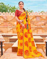 Vishal Prints Dark Yellow And Milano Red Fancy Chiffon Traditional Print Saree With Foil Print And Cut Work Border