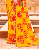 Vishal Prints Dark Yellow And Milano Red Fancy Chiffon Traditional Print Saree With Foil Print And Cut Work Border