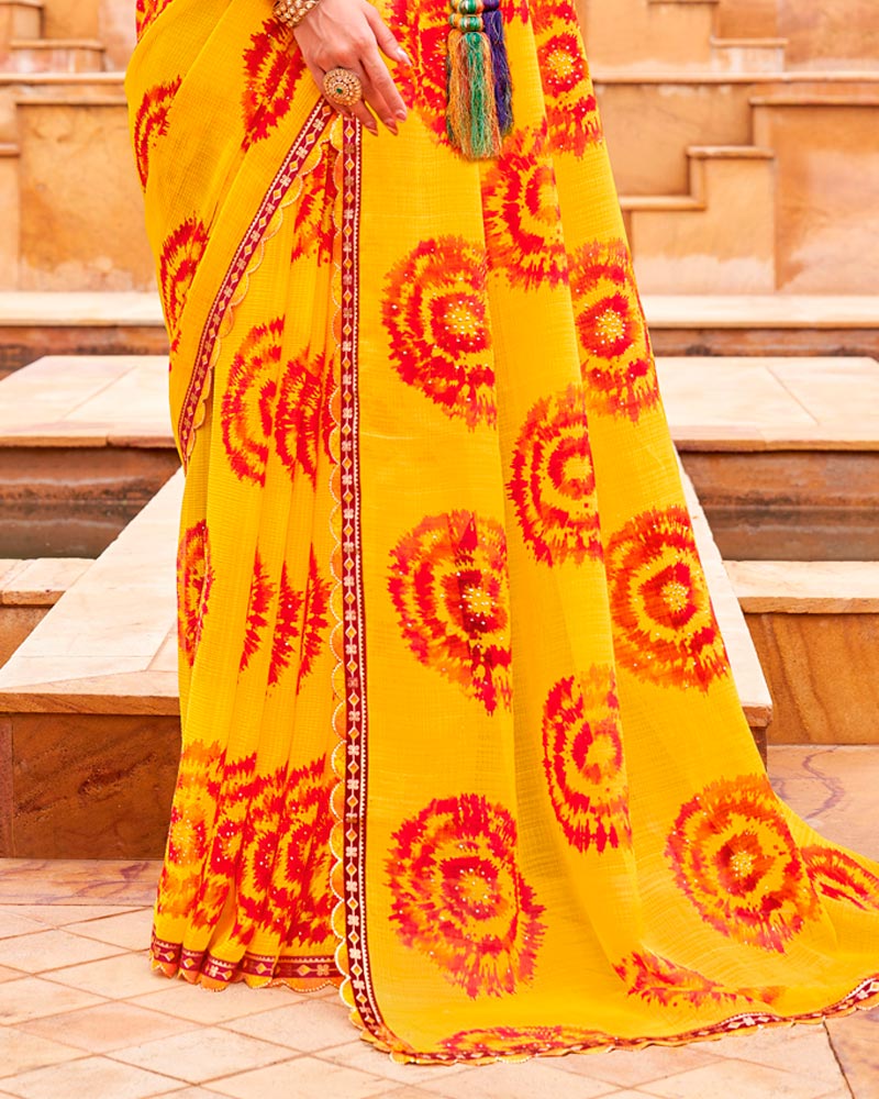 Vishal Prints Dark Yellow And Milano Red Fancy Chiffon Traditional Print Saree With Foil Print And Cut Work Border
