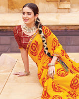 Vishal Prints Dark Yellow And Milano Red Fancy Chiffon Traditional Print Saree With Foil Print And Cut Work Border