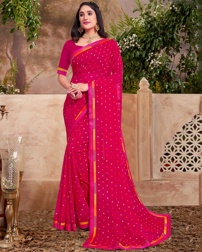 Vishal Prints Red Pink Printed Georgette Saree With Fancy Border