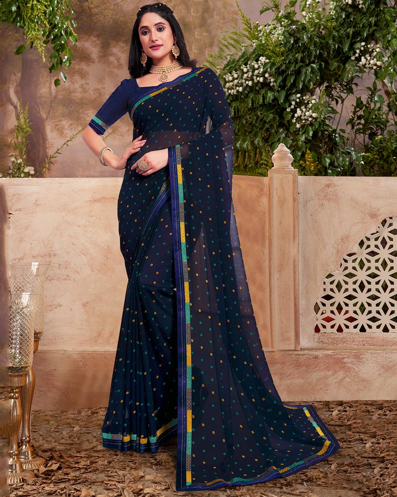 Vishal Prints Dark Navy Blue Printed Georgette Saree With Fancy Border