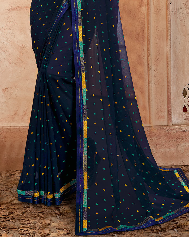 Vishal Prints Dark Navy Blue Printed Georgette Saree With Fancy Border