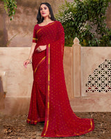 Vishal Prints Dark Red Printed Georgette Saree With Fancy Border