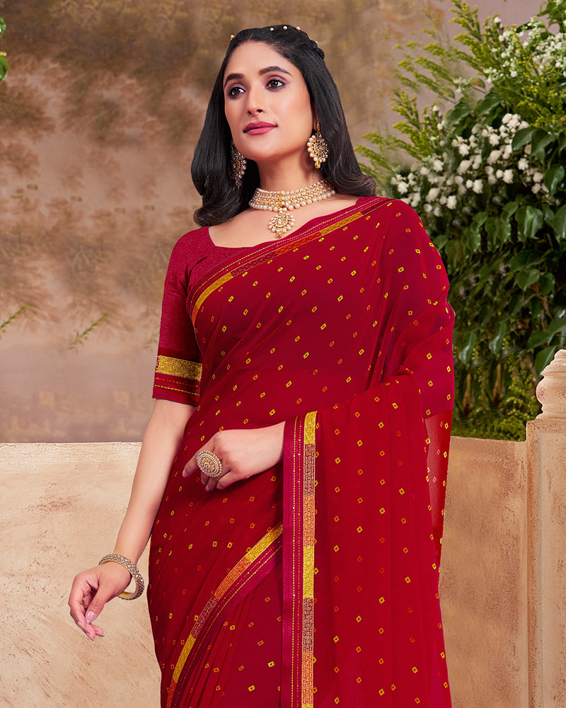 Vishal Prints Dark Red Printed Georgette Saree With Fancy Border