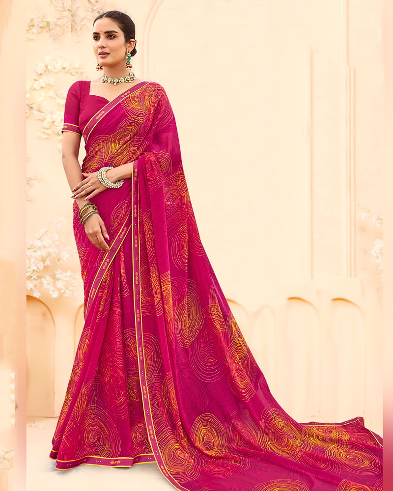 Vishal Prints Red Pink Printed Georgette Saree With Fancy Border