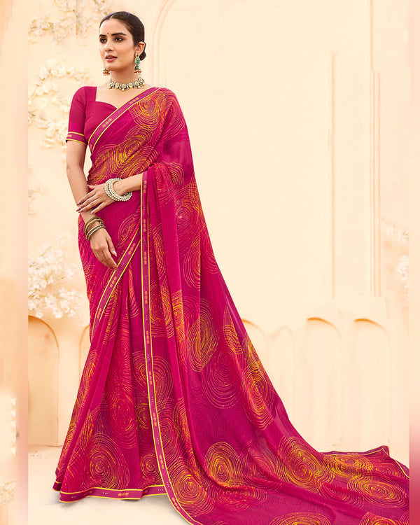 Vishal Prints Red Pink Printed Georgette Saree With Fancy Border