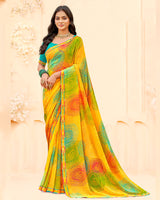 Vishal Prints Orangey Yellow Printed Georgette Saree With Fancy Border