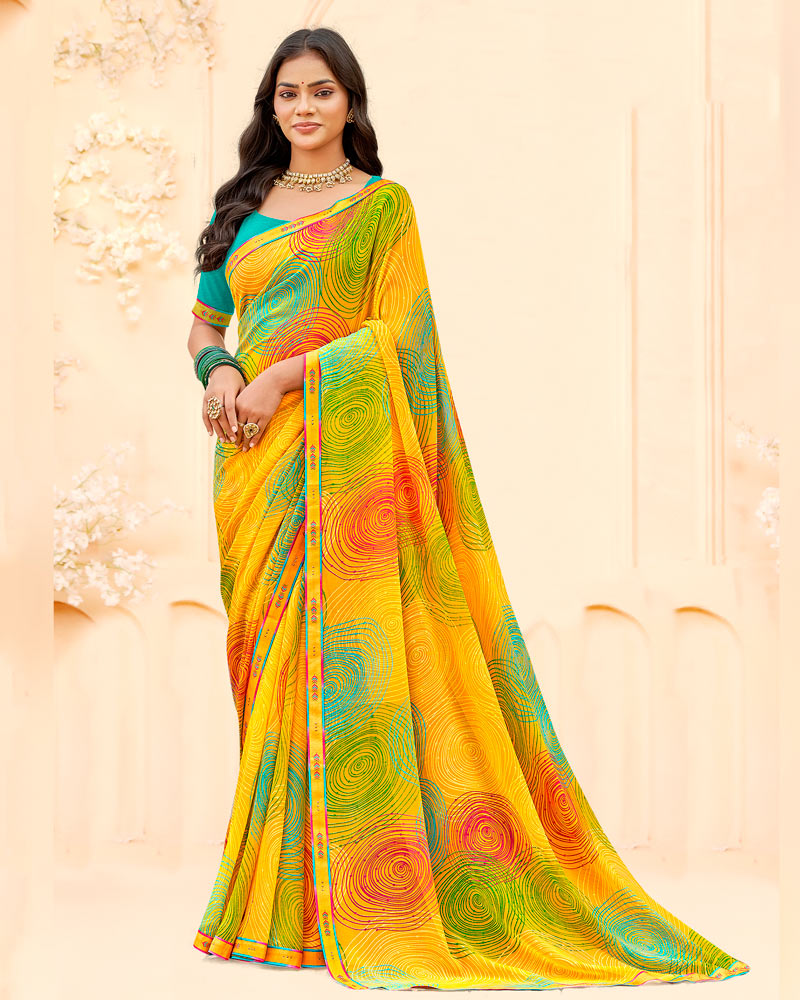 Vishal Prints Orangey Yellow Printed Georgette Saree With Fancy Border