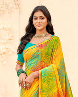 Vishal Prints Orangey Yellow Printed Georgette Saree With Fancy Border