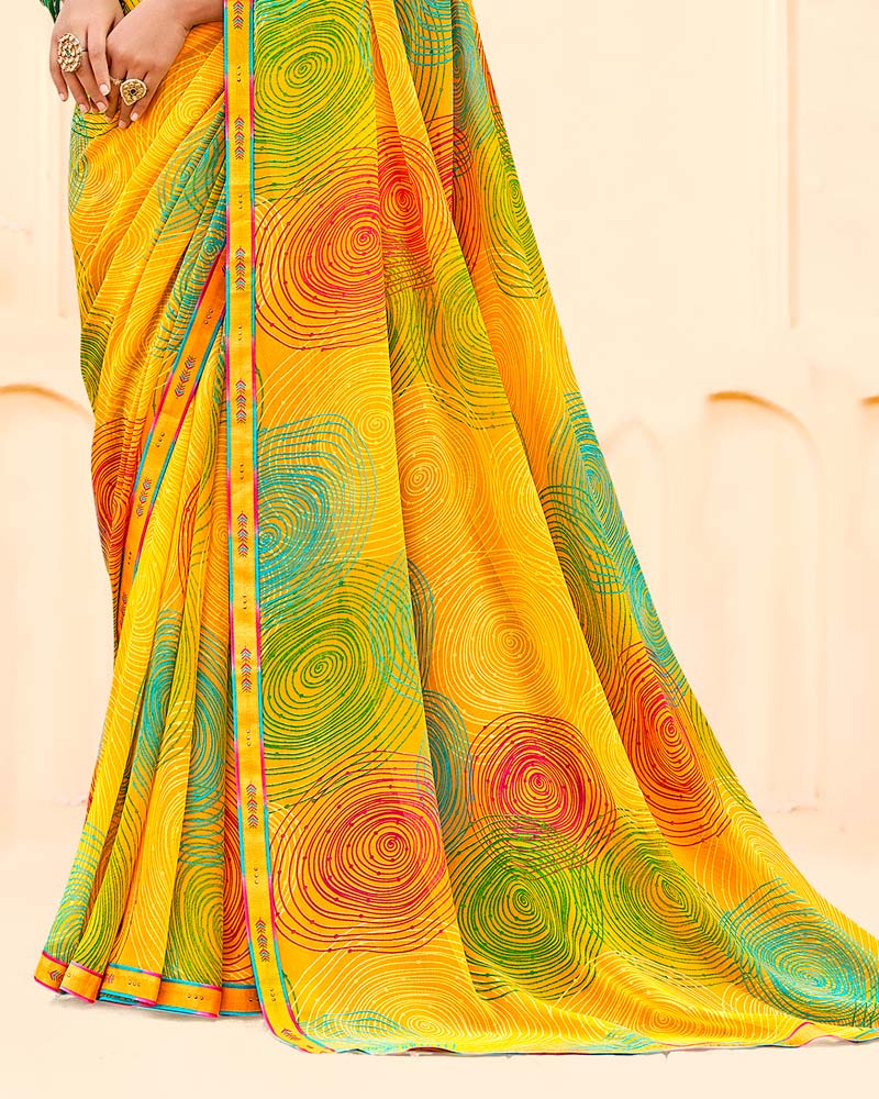Vishal Prints Orangey Yellow Printed Georgette Saree With Fancy Border