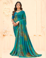 Vishal Prints Aqua Blue And Green Printed Georgette Saree With Fancy Border
