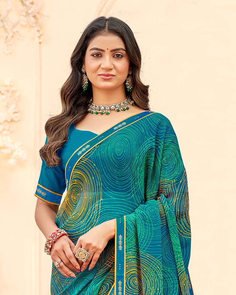 Vishal Prints Aqua Blue And Green Printed Georgette Saree With Fancy Border