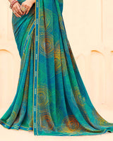Vishal Prints Aqua Blue And Green Printed Georgette Saree With Fancy Border