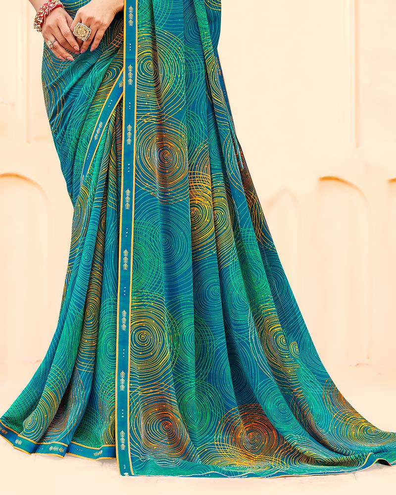 Vishal Prints Aqua Blue And Green Printed Georgette Saree With Fancy Border