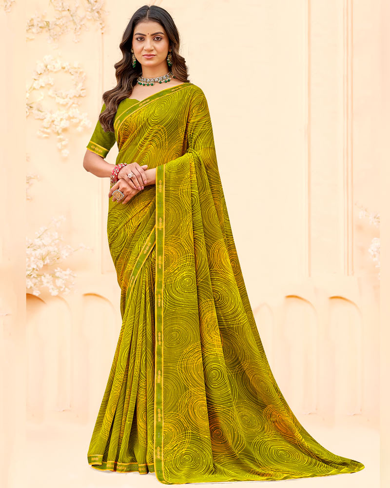 Vishal Prints Olive Yellow Printed Georgette Saree With Fancy Border