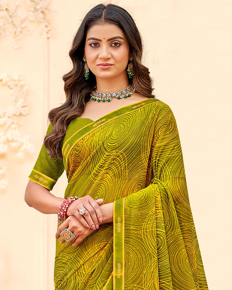 Vishal Prints Olive Yellow Printed Georgette Saree With Fancy Border