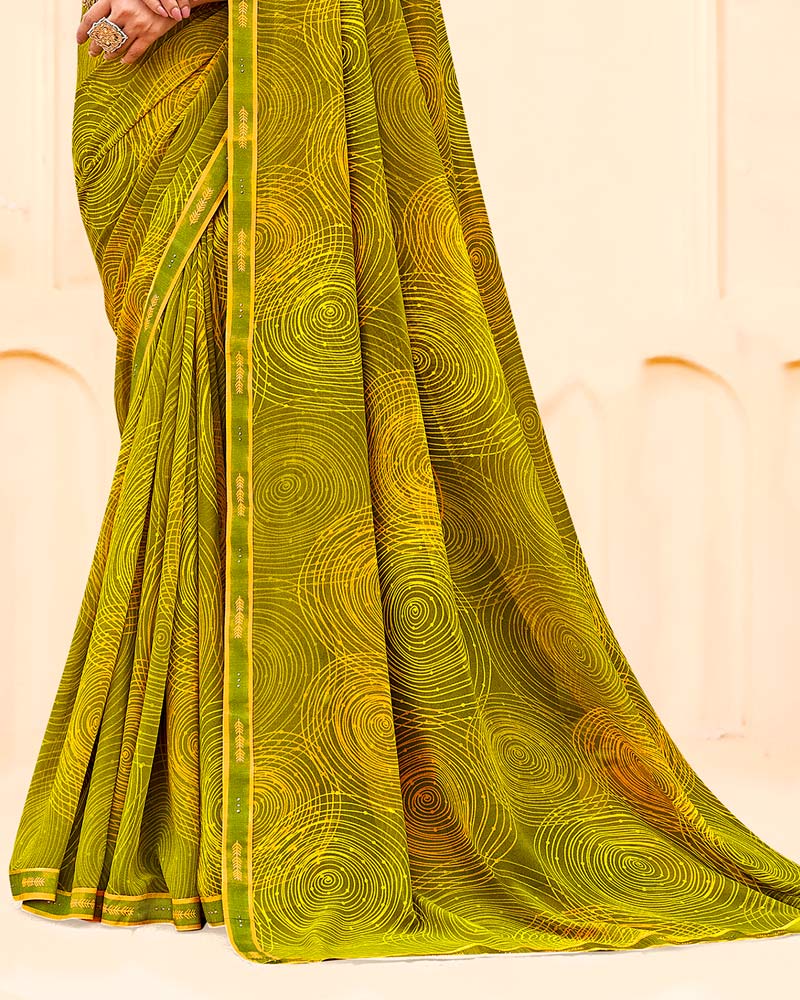 Vishal Prints Olive Yellow Printed Georgette Saree With Fancy Border
