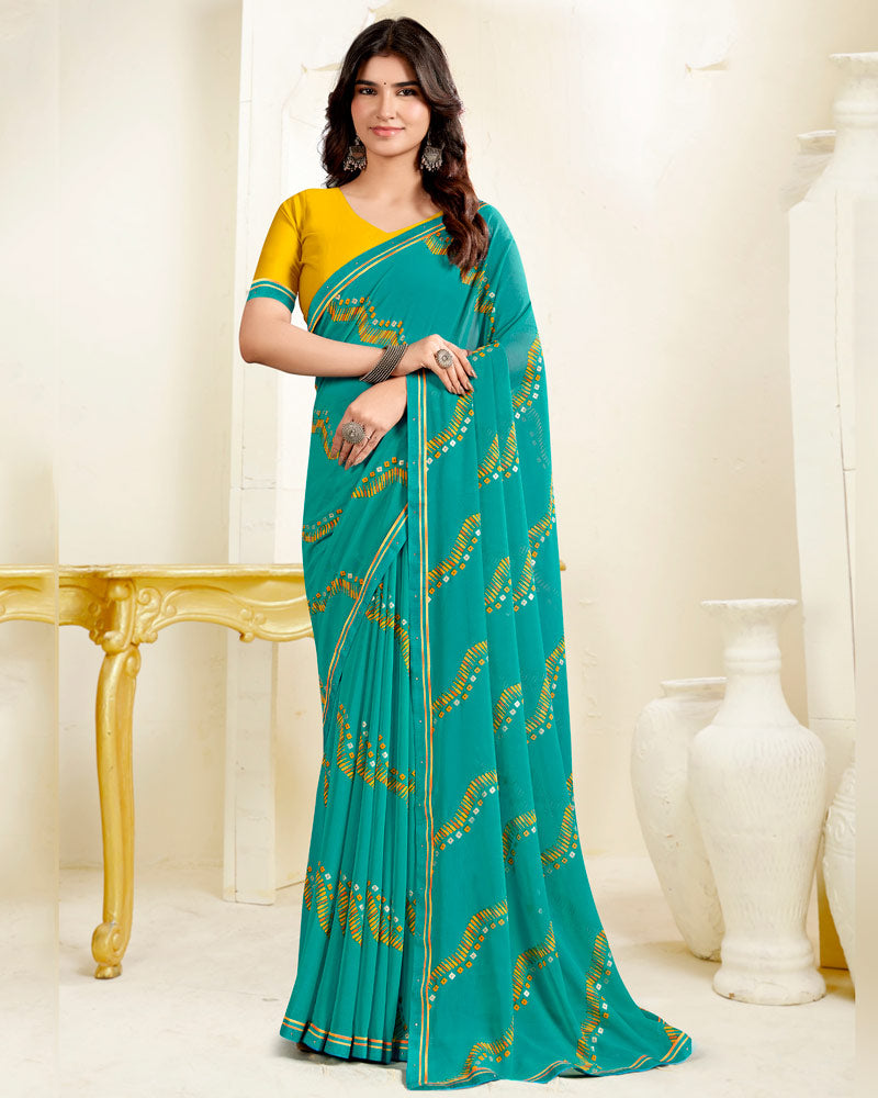Vishal Prints Persian Green Printed Georgette Saree With Fancy Border