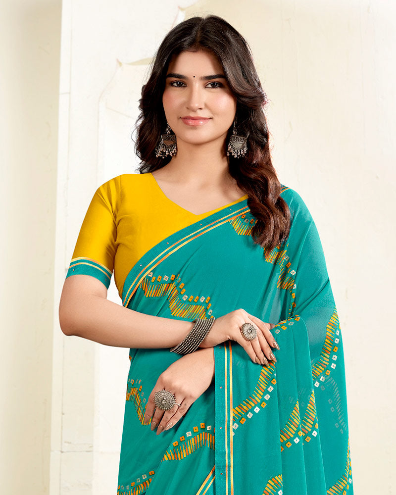 Vishal Prints Persian Green Printed Georgette Saree With Fancy Border