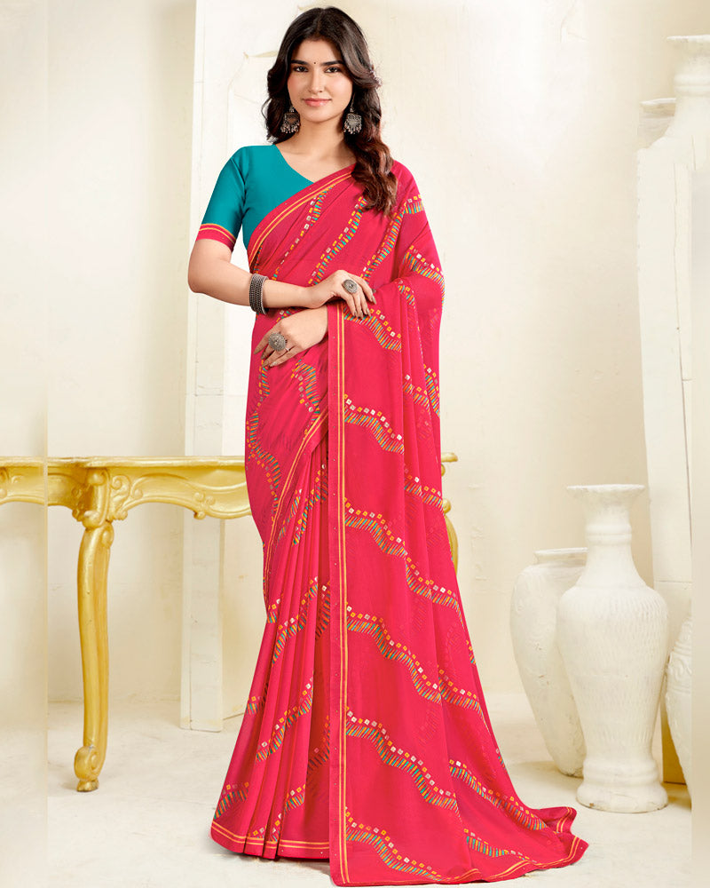 Vishal Prints Strawberry Pink Printed Georgette Saree With Fancy Border
