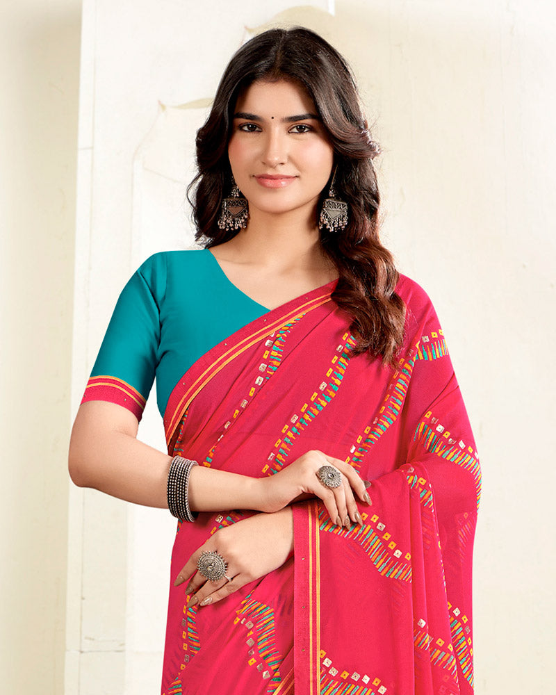 Vishal Prints Strawberry Pink Printed Georgette Saree With Fancy Border