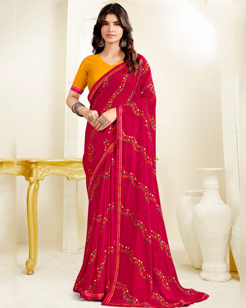 Vishal Prints Cherry Red Printed Georgette Saree With Fancy Border
